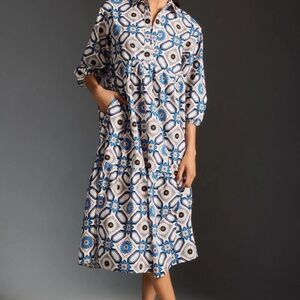 Anthropologie Maeve Blue and Orange geometric Dress in small petite